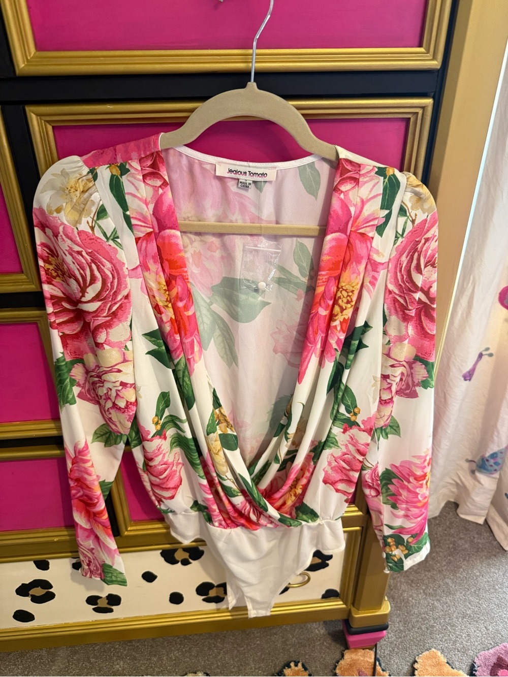 Jealous Tomato White Floral Wrap Bodysuit with Pink & Green Print